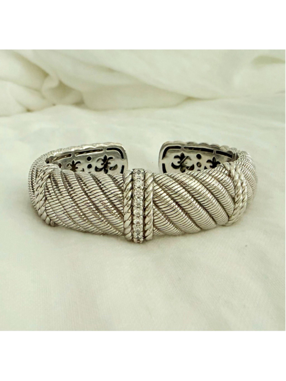 Judith Ripka 925 Sterling Silver Braided Cable Hinged Cuff Bracelet CZ Accent